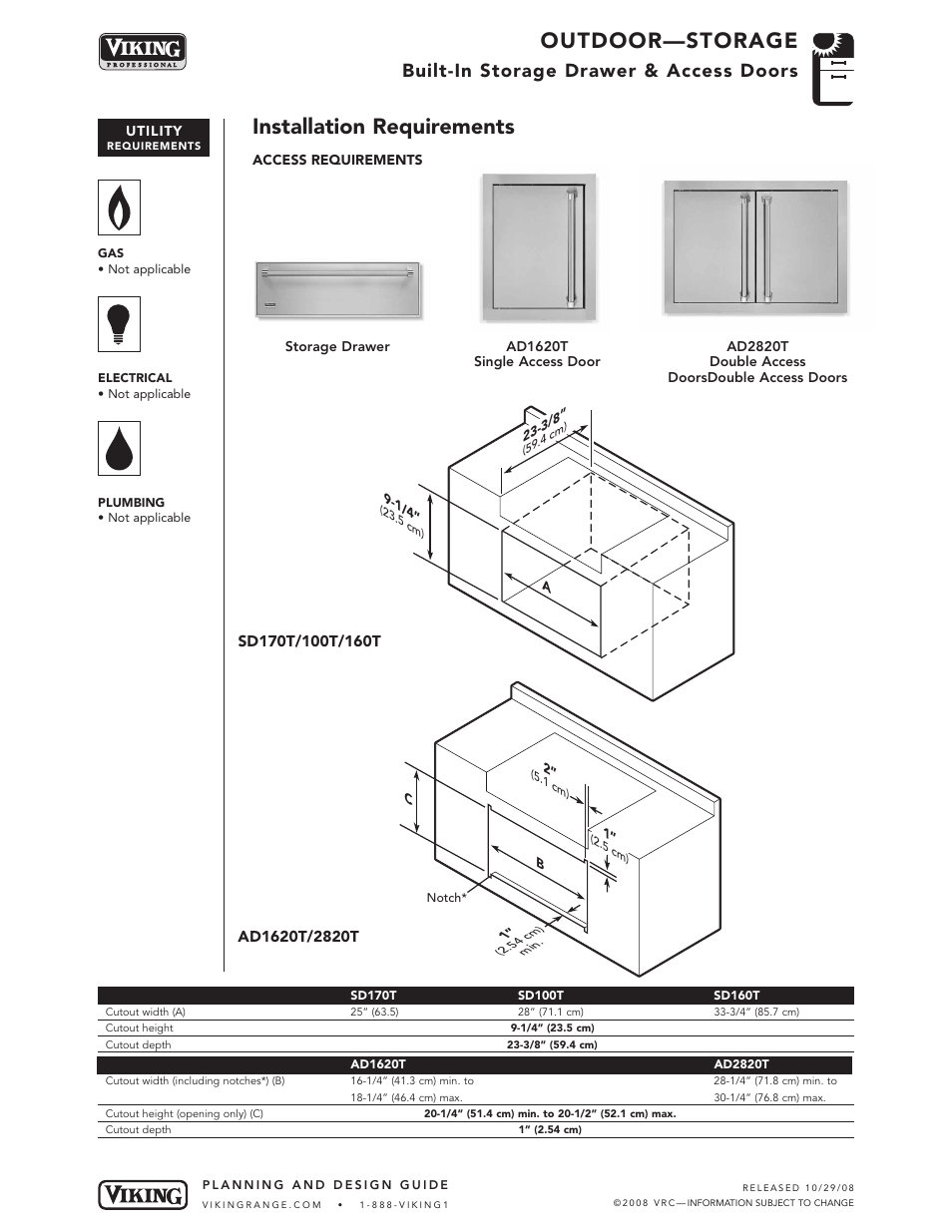 Outdoor—storage, Installation requirements, Built-in storage drawer & access doors | Viking OUTDOOR-COOKING VGBQ3002T1NSS User Manual | Page 124 / 125