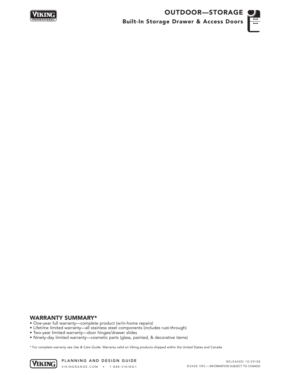 Outdoor—storage, Built-in storage drawer & access doors, Warranty summary | Viking OUTDOOR-COOKING VGBQ3002T1NSS User Manual | Page 125 / 125