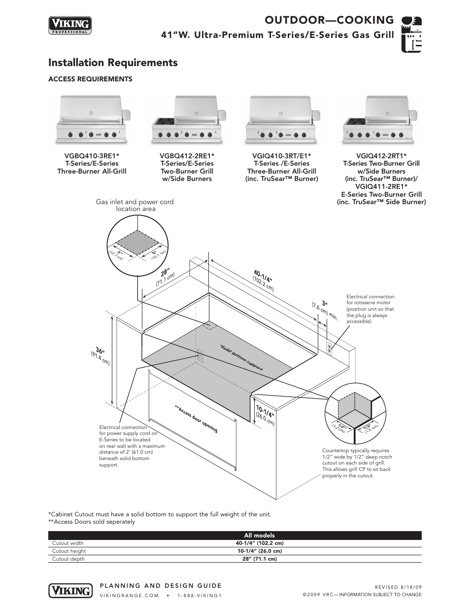 Outdoor—cooking, Installation requirements, 41”w. ultra-premium t-series/e-series gas grill | Viking OUTDOOR-COOKING VGBQ3002T1NSS User Manual | Page 13 / 125