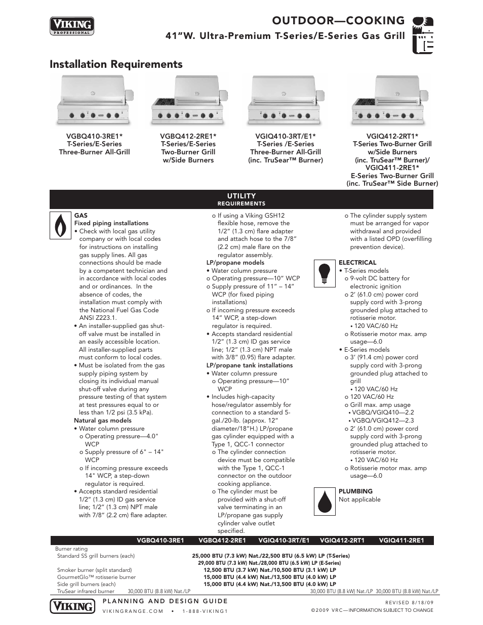 Outdoor—cooking, Installation requirements, 41”w. ultra-premium t-series/e-series gas grill | Viking OUTDOOR-COOKING VGBQ3002T1NSS User Manual | Page 14 / 125