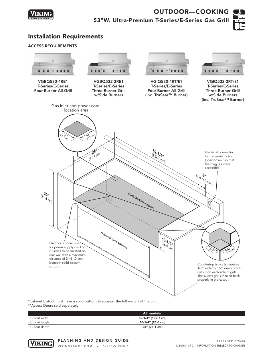 Outdoor—cooking, Installation requirements, 53”w. ultra-premium t-series/e-series gas grill | Viking OUTDOOR-COOKING VGBQ3002T1NSS User Manual | Page 21 / 125