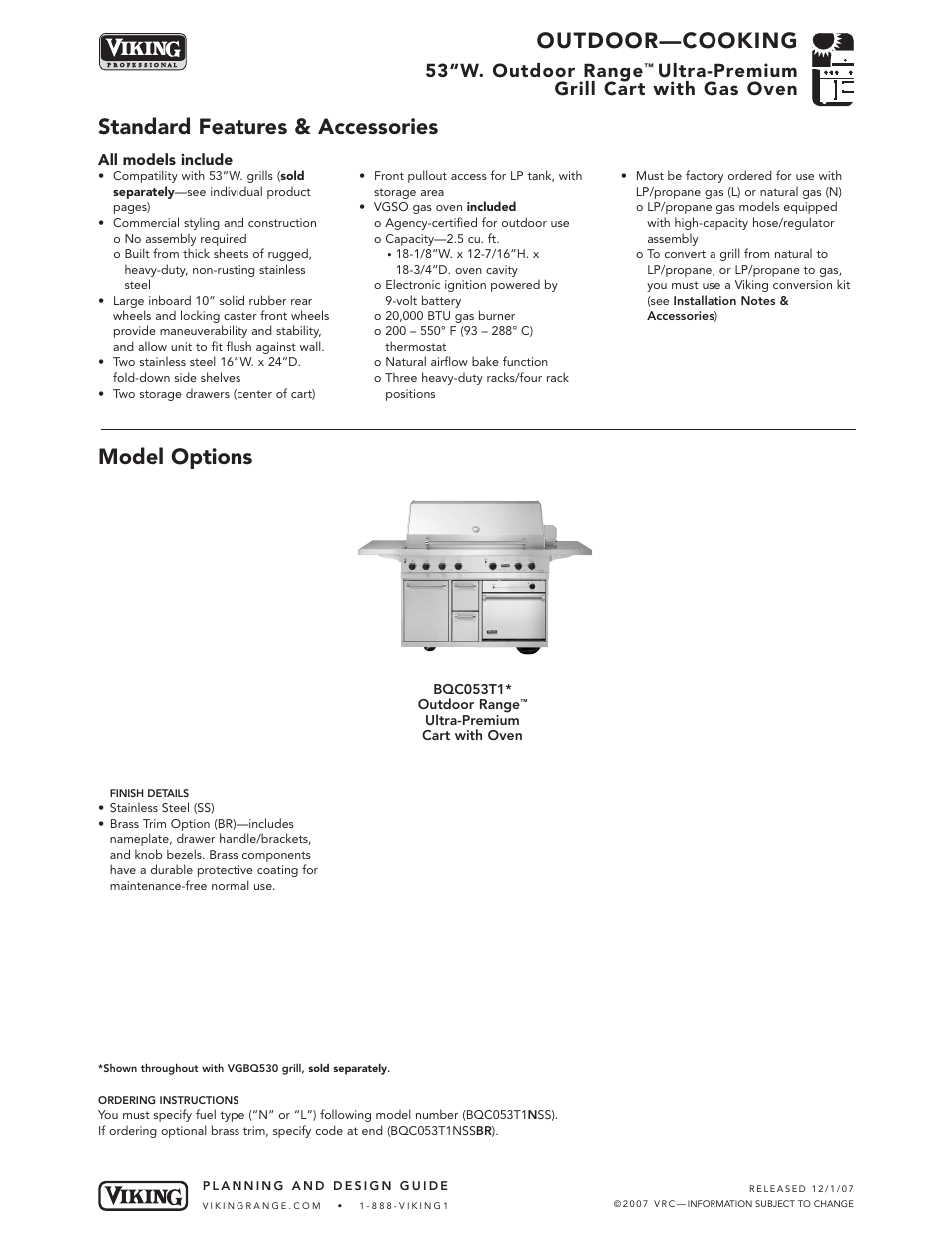 Outdoor—cooking, Standard features & accessories model options, 53”w. outdoor range | Ultra-premium grill cart with gas oven | Viking OUTDOOR-COOKING VGBQ3002T1NSS User Manual | Page 25 / 125