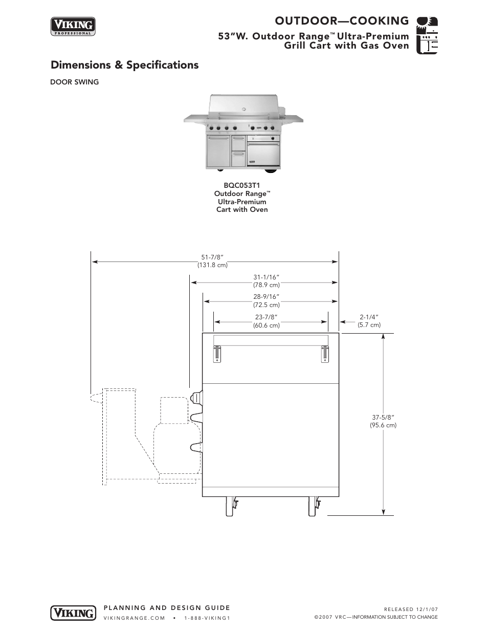 Outdoor—cooking, Dimensions & specifications, 53”w. outdoor range | Ultra-premium grill cart with gas oven | Viking OUTDOOR-COOKING VGBQ3002T1NSS User Manual | Page 27 / 125