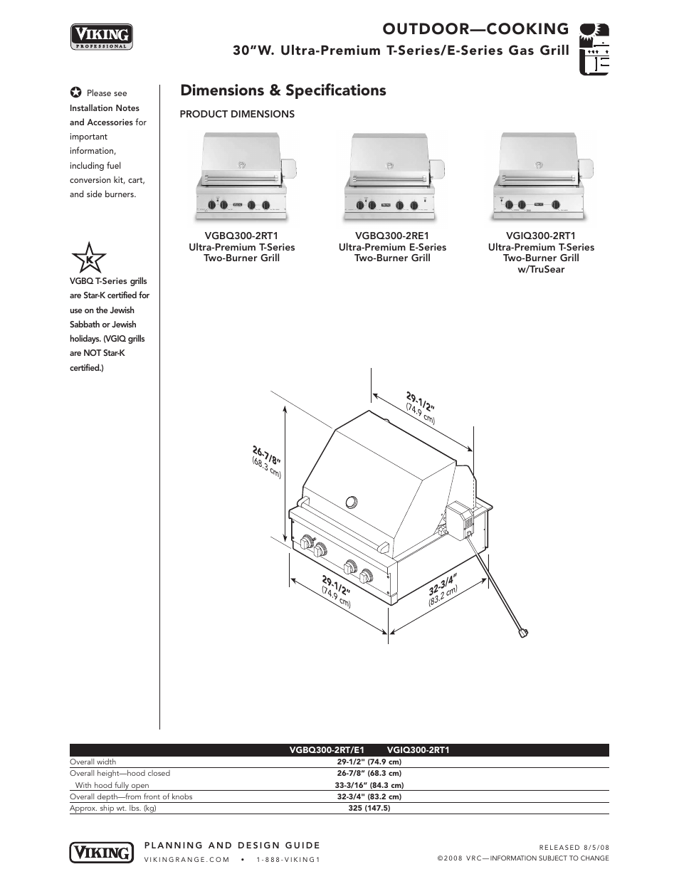 Outdoor—cooking, Dimensions & specifications, 30”w. ultra-premium t-series/e-series gas grill | Viking OUTDOOR-COOKING VGBQ3002T1NSS User Manual | Page 3 / 125