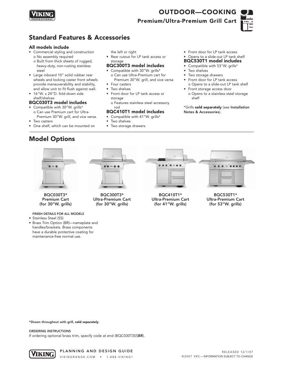 Outdoor—cooking, Standard features & accessories model options, Premium/ultra-premium grill cart | Viking OUTDOOR-COOKING VGBQ3002T1NSS User Manual | Page 30 / 125