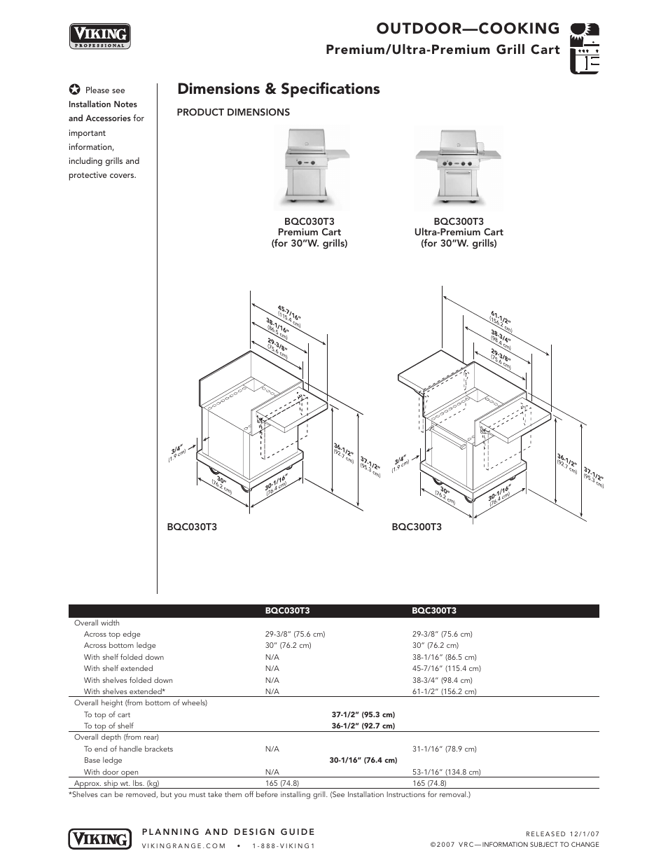 Outdoor—cooking, Dimensions & specifications, Premium/ultra-premium grill cart | Bqc300t3 | Viking OUTDOOR-COOKING VGBQ3002T1NSS User Manual | Page 31 / 125