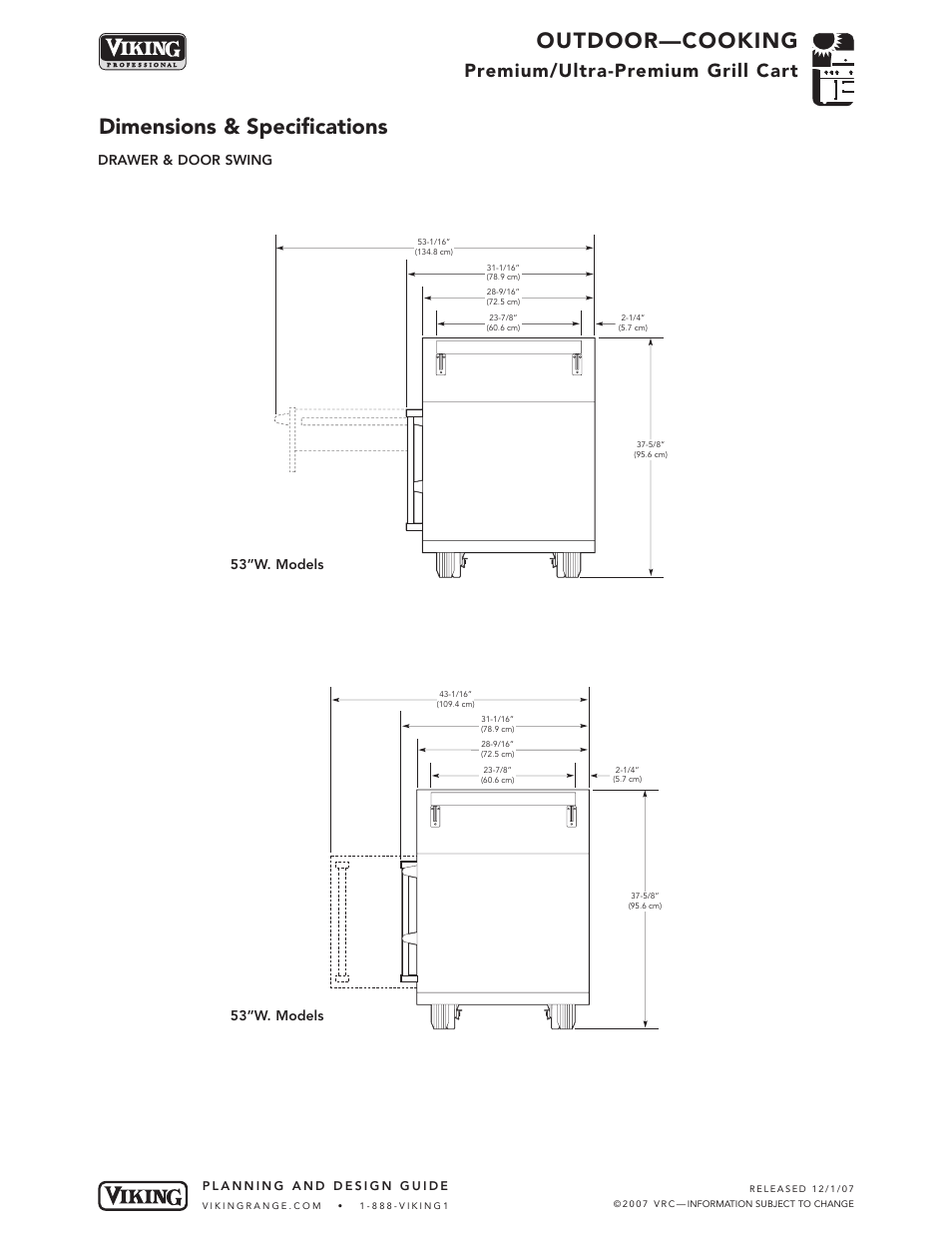 Outdoor—cooking, Dimensions & specifications, Premium/ultra-premium grill cart | 53”w. models, Drawer & door swing 53”w. models | Viking OUTDOOR-COOKING VGBQ3002T1NSS User Manual | Page 34 / 125