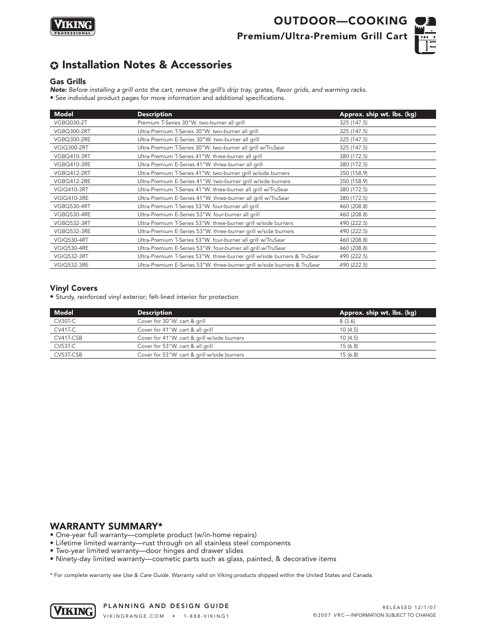 Outdoor—cooking, Premium/ultra-premium grill cart, Warranty summary | Gas grills, Vinyl covers | Viking OUTDOOR-COOKING VGBQ3002T1NSS User Manual | Page 35 / 125