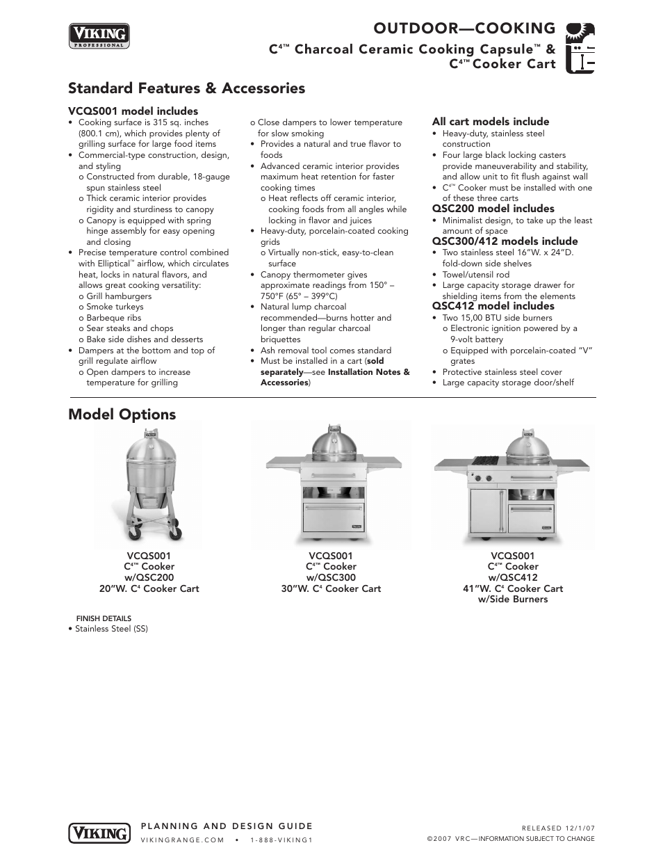 Outdoor—cooking, Standard features & accessories model options, Charcoal ceramic cooking capsule | Cooker cart | Viking OUTDOOR-COOKING VGBQ3002T1NSS User Manual | Page 36 / 125