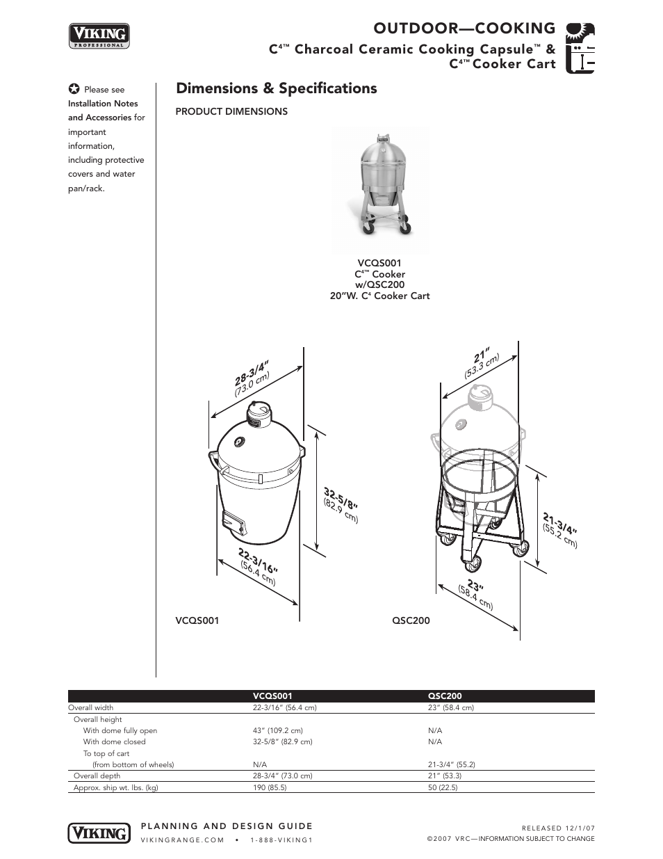 Outdoor—cooking, Dimensions & specifications, Charcoal ceramic cooking capsule | Cooker cart | Viking OUTDOOR-COOKING VGBQ3002T1NSS User Manual | Page 37 / 125