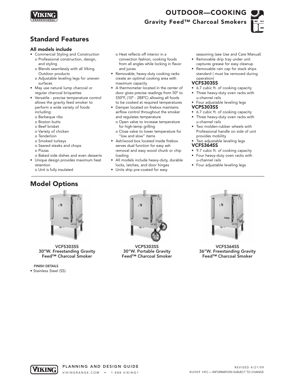Outdoor—cooking, Standard features model options, Gravity feed™ charcoal smokers | Viking OUTDOOR-COOKING VGBQ3002T1NSS User Manual | Page 42 / 125