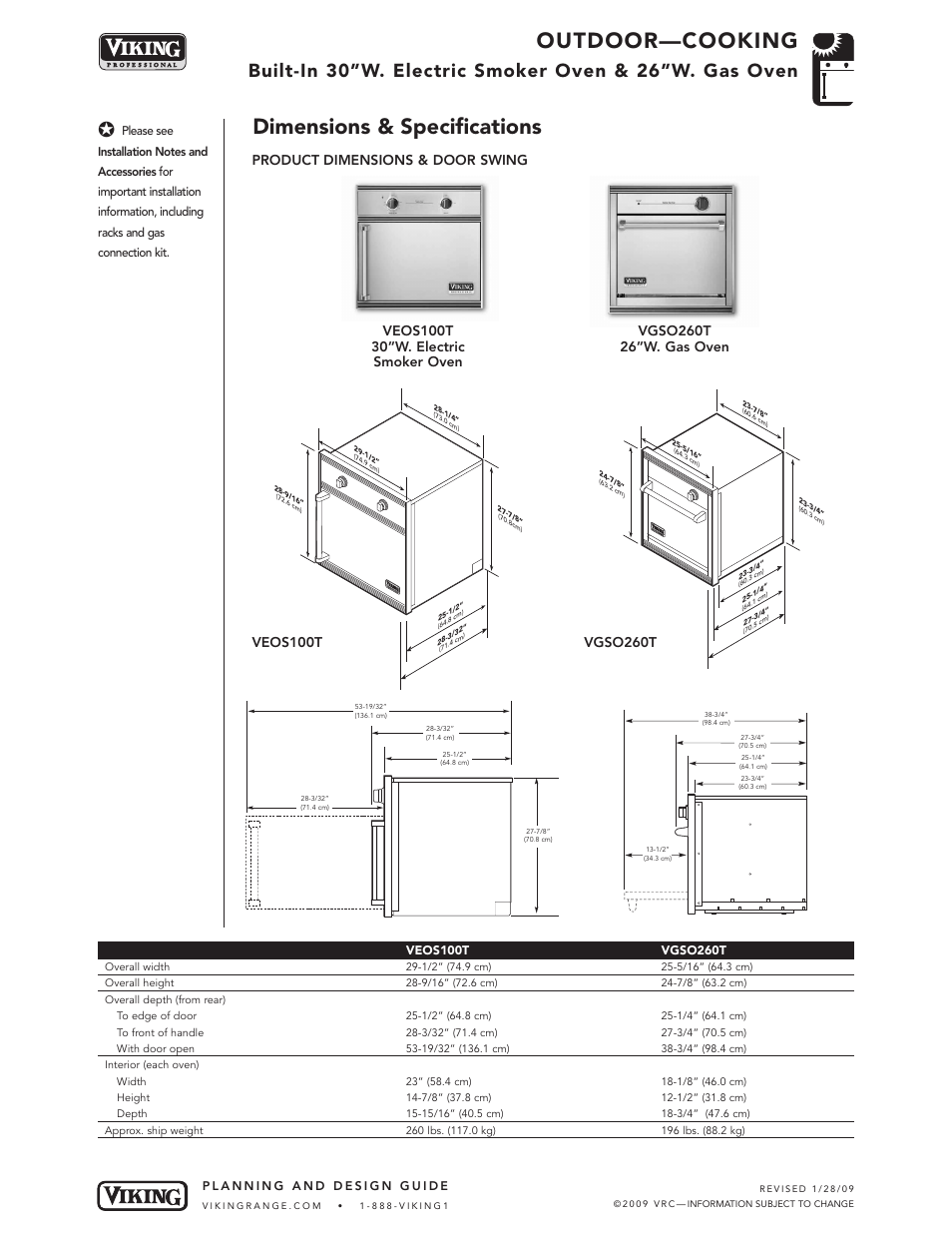 Outdoor—cooking, Dimensions & specifications | Viking OUTDOOR-COOKING VGBQ3002T1NSS User Manual | Page 47 / 125