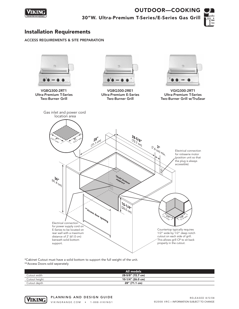 Outdoor—cooking, Installation requirements, 30”w. ultra-premium t-series/e-series gas grill | Viking OUTDOOR-COOKING VGBQ3002T1NSS User Manual | Page 5 / 125