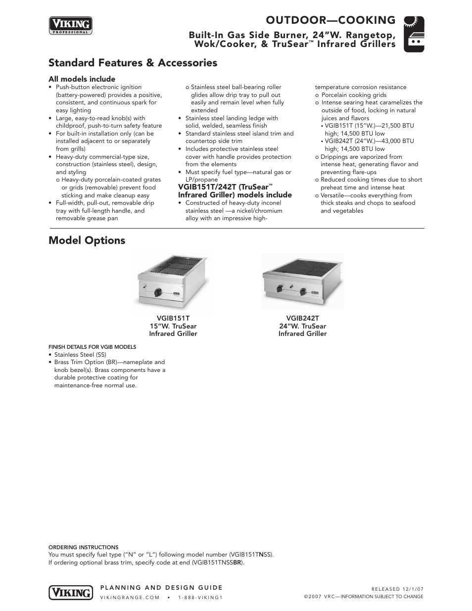 Outdoor—cooking, Standard features & accessories model options, Infrared grillers | Viking OUTDOOR-COOKING VGBQ3002T1NSS User Manual | Page 52 / 125