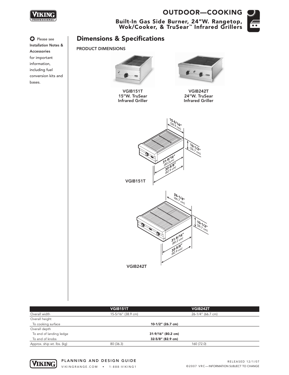 Outdoor—cooking, Dimensions & specifications, Infrared grillers | Viking OUTDOOR-COOKING VGBQ3002T1NSS User Manual | Page 54 / 125