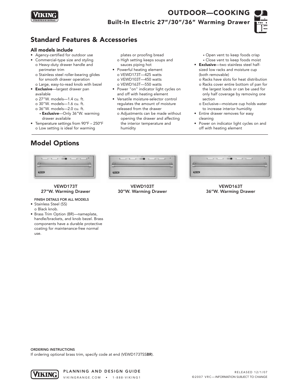 Outdoor—cooking, Standard features & accessories model options | Viking OUTDOOR-COOKING VGBQ3002T1NSS User Manual | Page 58 / 125