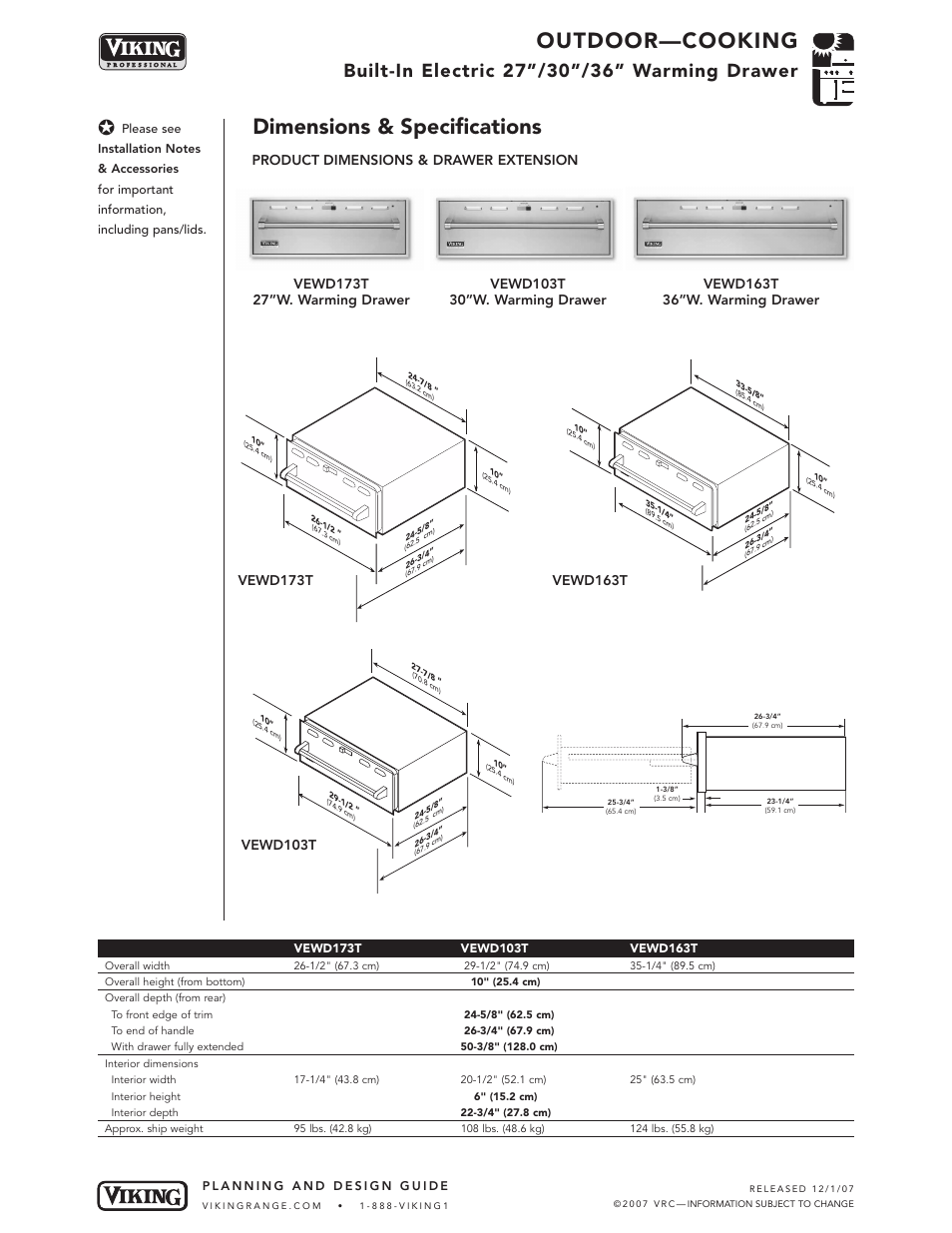 Outdoor—cooking, Dimensions & specifications, Product dimensions & drawer extension | Viking OUTDOOR-COOKING VGBQ3002T1NSS User Manual | Page 59 / 125