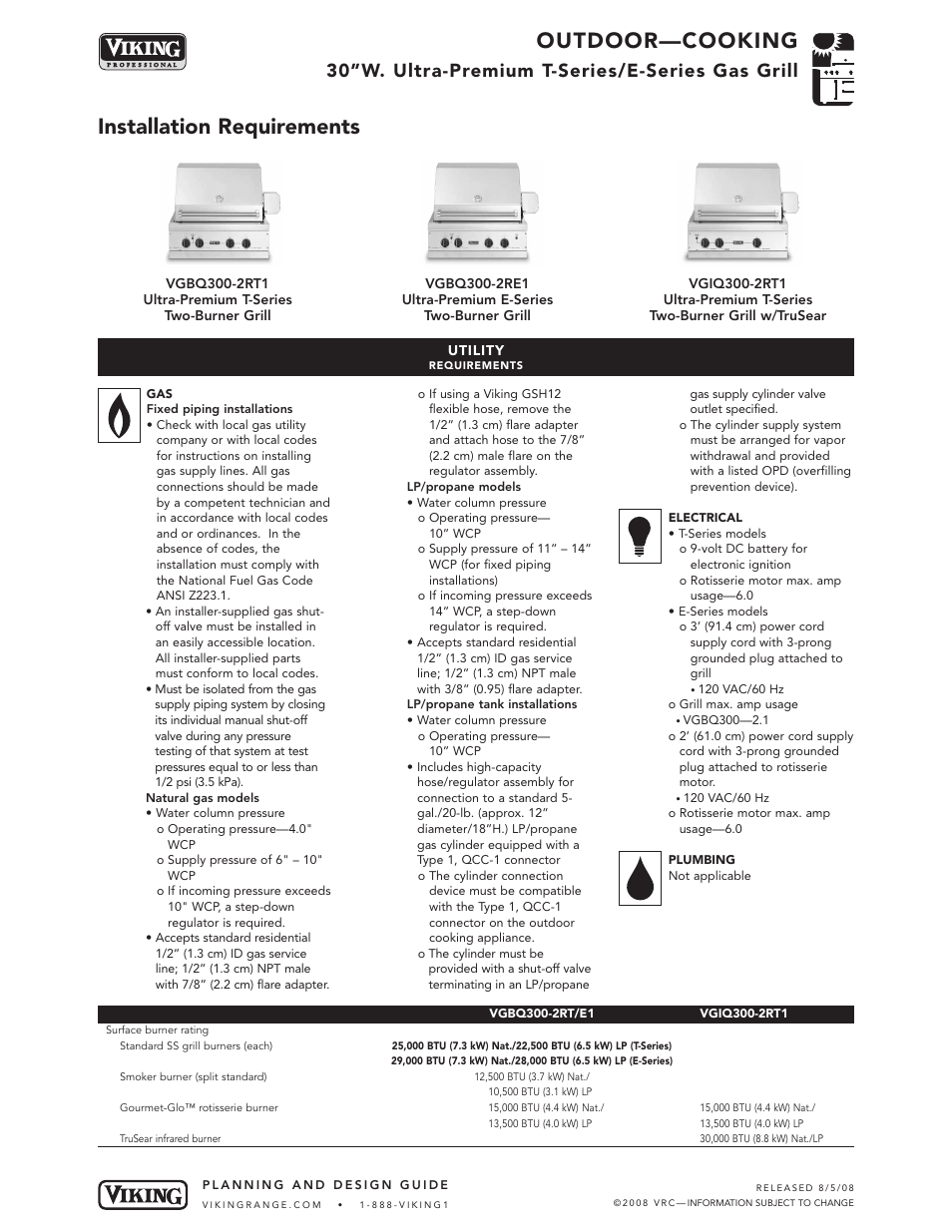 Outdoor—cooking, Installation requirements, 30”w. ultra-premium t-series/e-series gas grill | Viking OUTDOOR-COOKING VGBQ3002T1NSS User Manual | Page 6 / 125