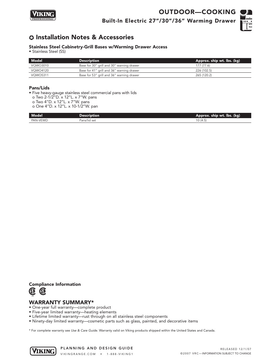 Outdoor—cooking, Warranty summary | Viking OUTDOOR-COOKING VGBQ3002T1NSS User Manual | Page 61 / 125