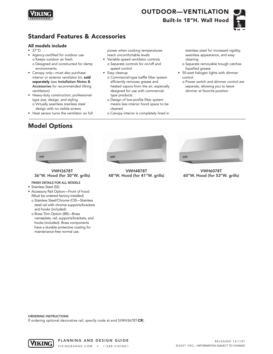 Outdoor—ventilation, Standard features & accessories model options, Built-in 18”h. wall hood | Viking OUTDOOR-COOKING VGBQ3002T1NSS User Manual | Page 62 / 125