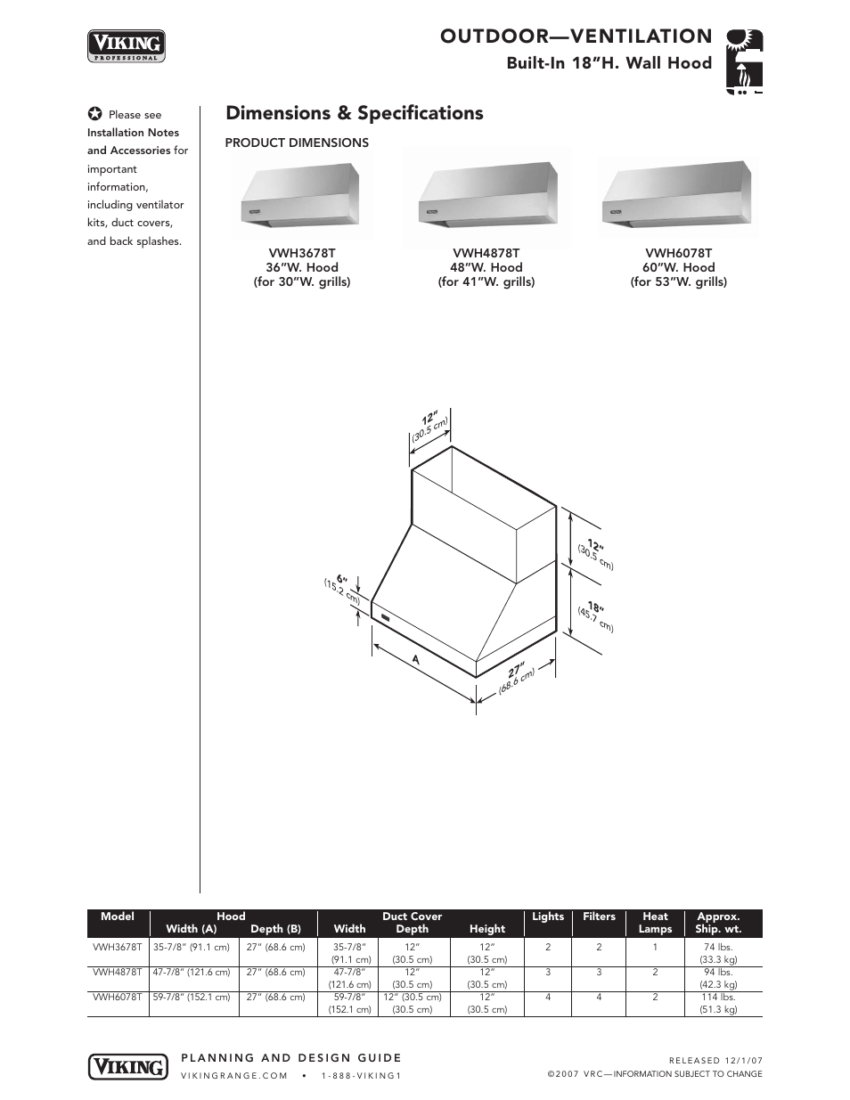 Outdoor—ventilation, Dimensions & specifications, Built-in 18”h. wall hood | Viking OUTDOOR-COOKING VGBQ3002T1NSS User Manual | Page 63 / 125