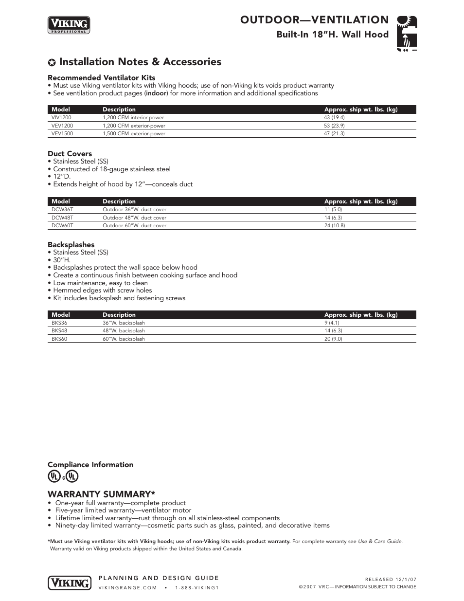 Outdoor—ventilation, Built-in 18”h. wall hood, Warranty summary | Viking OUTDOOR-COOKING VGBQ3002T1NSS User Manual | Page 66 / 125