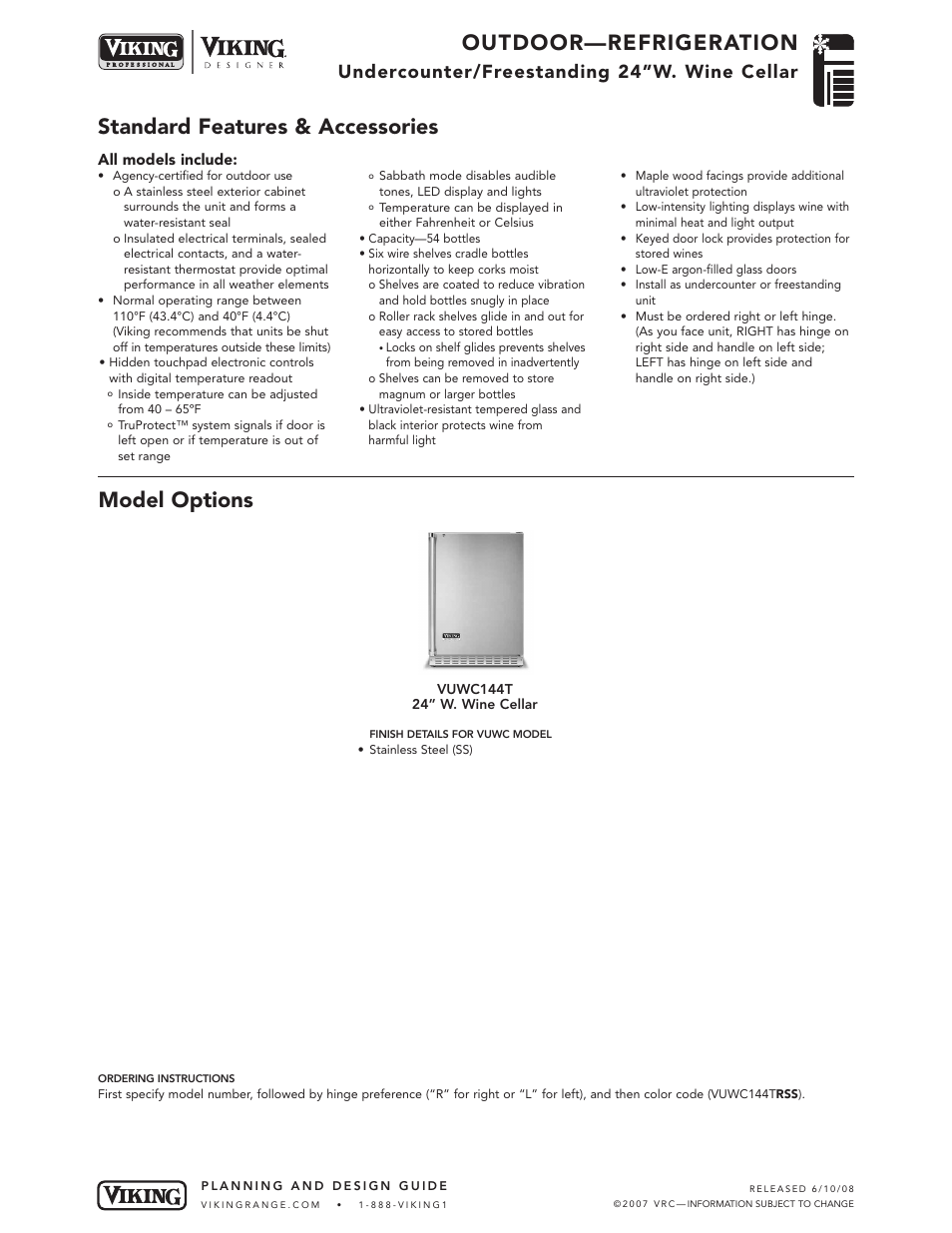 Outdoor—refrigeration, Standard features & accessories model options, Undercounter/freestanding 24”w. wine cellar | Viking OUTDOOR-COOKING VGBQ3002T1NSS User Manual | Page 67 / 125