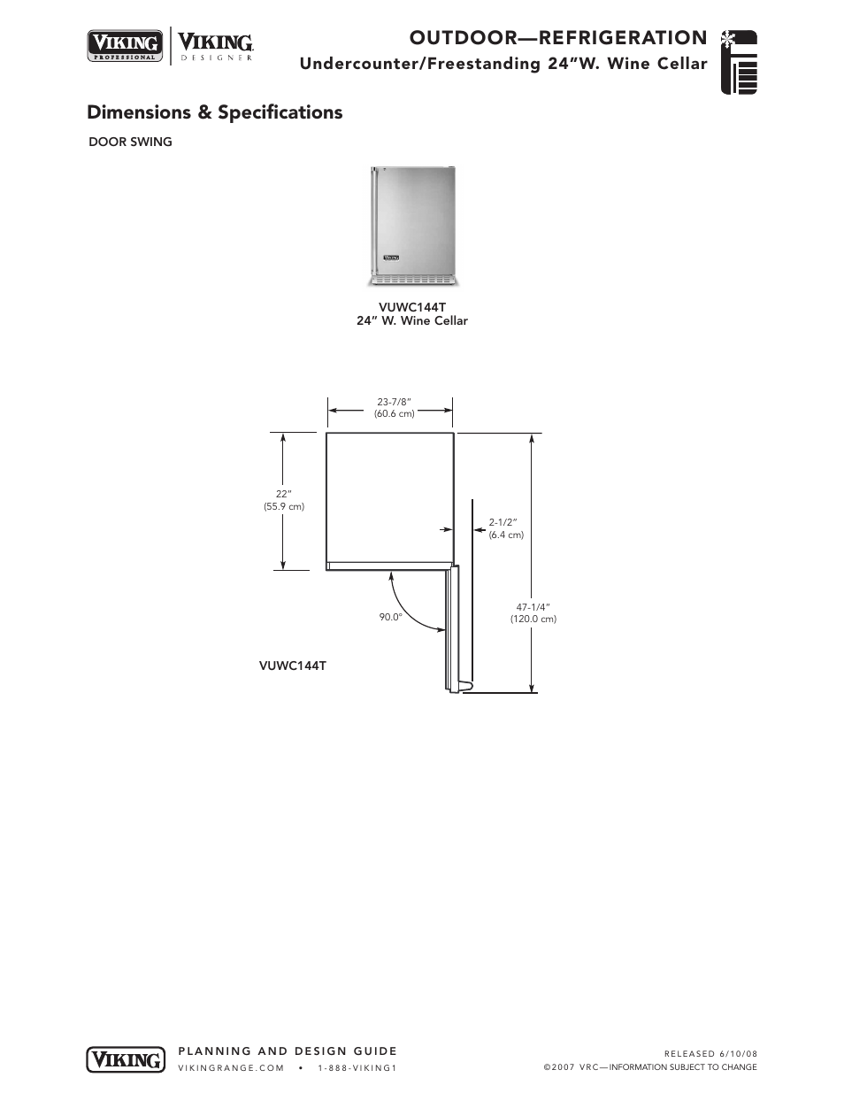 Outdoor—refrigeration, Dimensions & specifications, Undercounter/freestanding 24”w. wine cellar | Viking OUTDOOR-COOKING VGBQ3002T1NSS User Manual | Page 69 / 125
