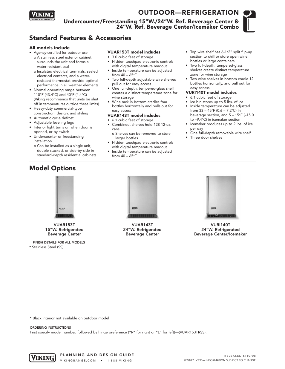 Outdoor—refrigeration, Standard features & accessories model options | Viking OUTDOOR-COOKING VGBQ3002T1NSS User Manual | Page 72 / 125