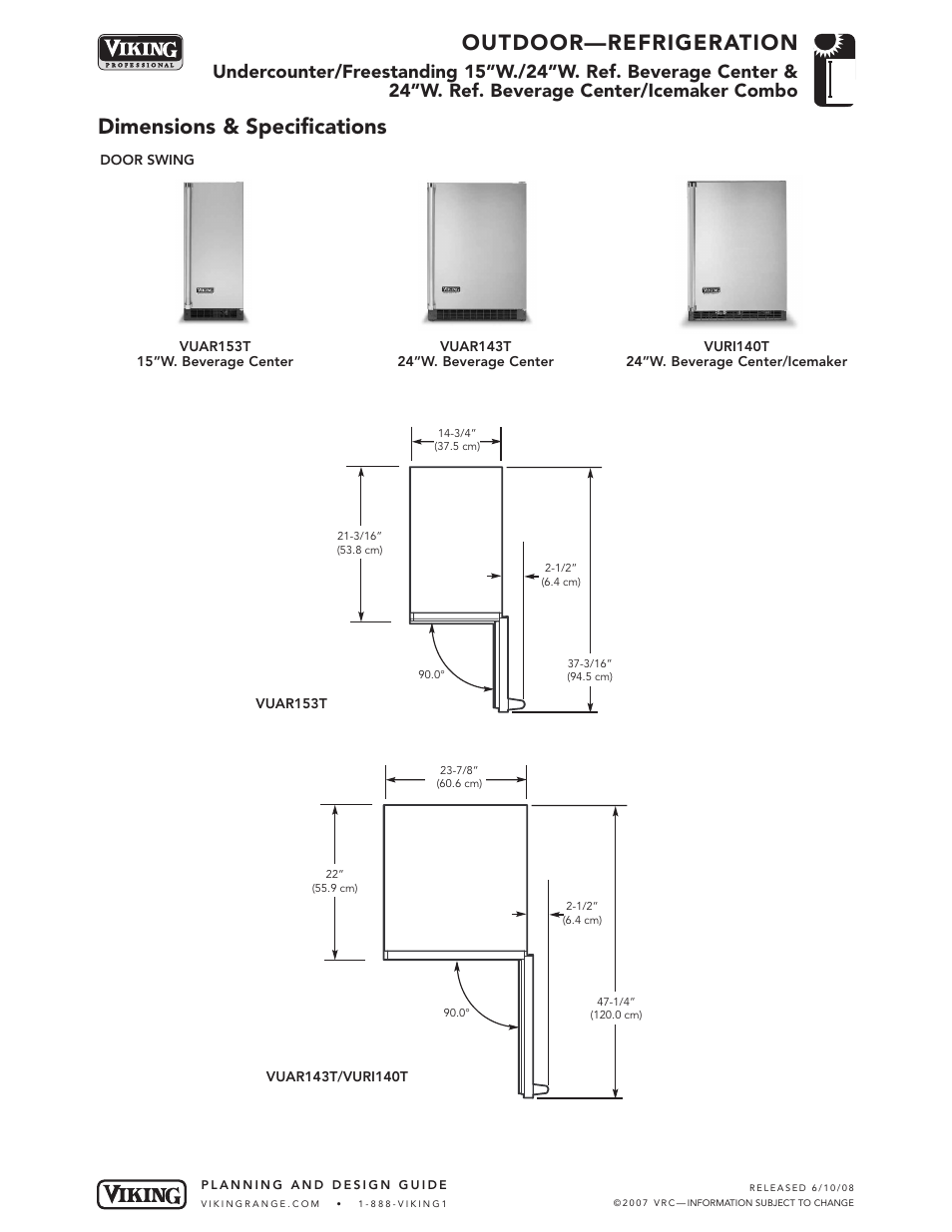 Outdoor—refrigeration, Dimensions & specifications | Viking OUTDOOR-COOKING VGBQ3002T1NSS User Manual | Page 74 / 125