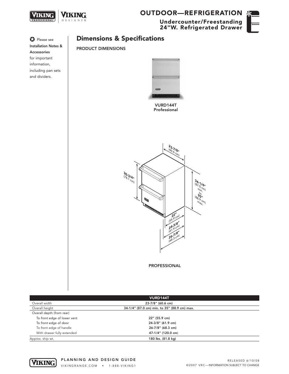 Outdoor—refrigeration, Dimensions & specifications | Viking OUTDOOR-COOKING VGBQ3002T1NSS User Manual | Page 78 / 125