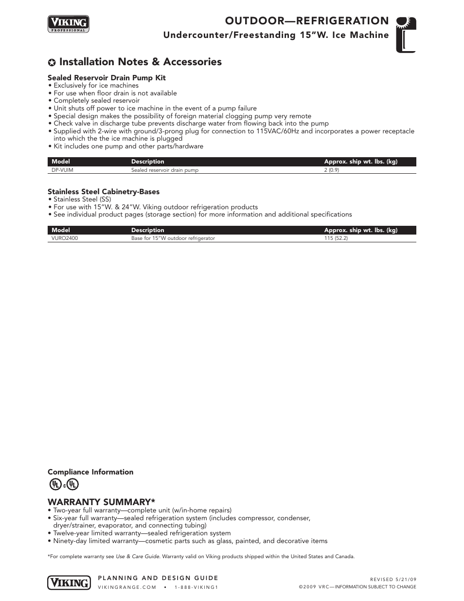 Outdoor—refrigeration, Undercounter/freestanding 15”w. ice machine, Warranty summary | Viking OUTDOOR-COOKING VGBQ3002T1NSS User Manual | Page 89 / 125