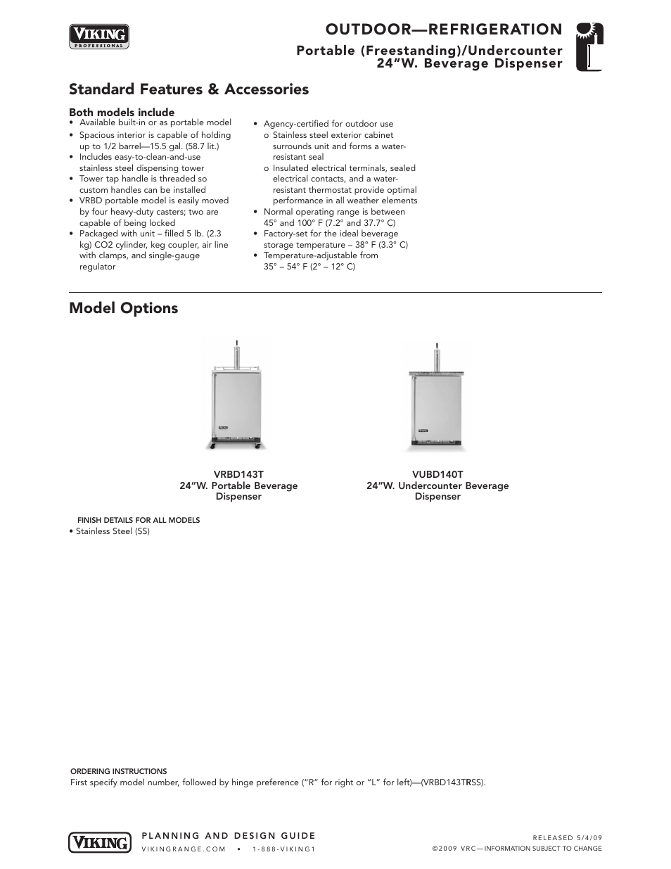 Outdoor—refrigeration, Standard features & accessories model options | Viking OUTDOOR-COOKING VGBQ3002T1NSS User Manual | Page 90 / 125