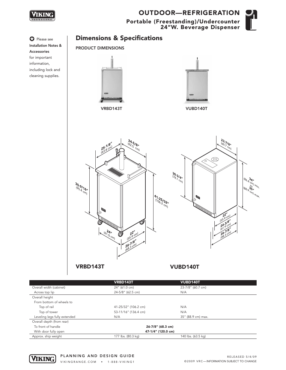 Outdoor—refrigeration, Dimensions & specifications | Viking OUTDOOR-COOKING VGBQ3002T1NSS User Manual | Page 91 / 125