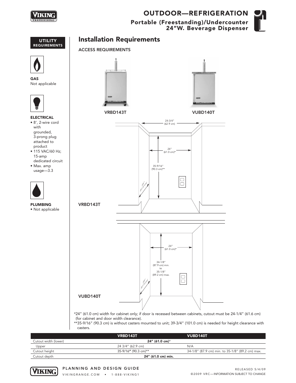Outdoor—refrigeration, Installation requirements, Utility | Access requirements | Viking OUTDOOR-COOKING VGBQ3002T1NSS User Manual | Page 93 / 125