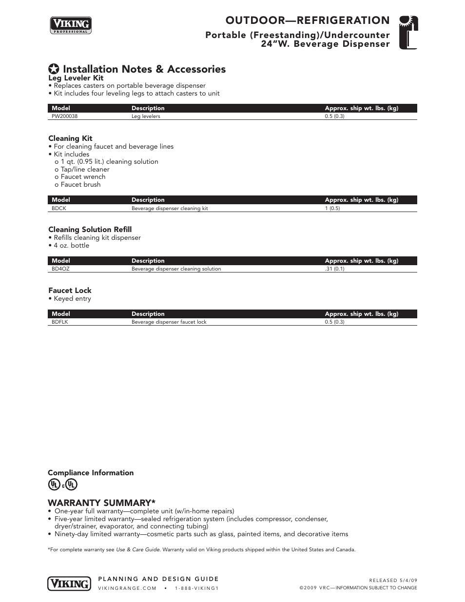 Outdoor—refrigeration, Warranty summary | Viking OUTDOOR-COOKING VGBQ3002T1NSS User Manual | Page 94 / 125