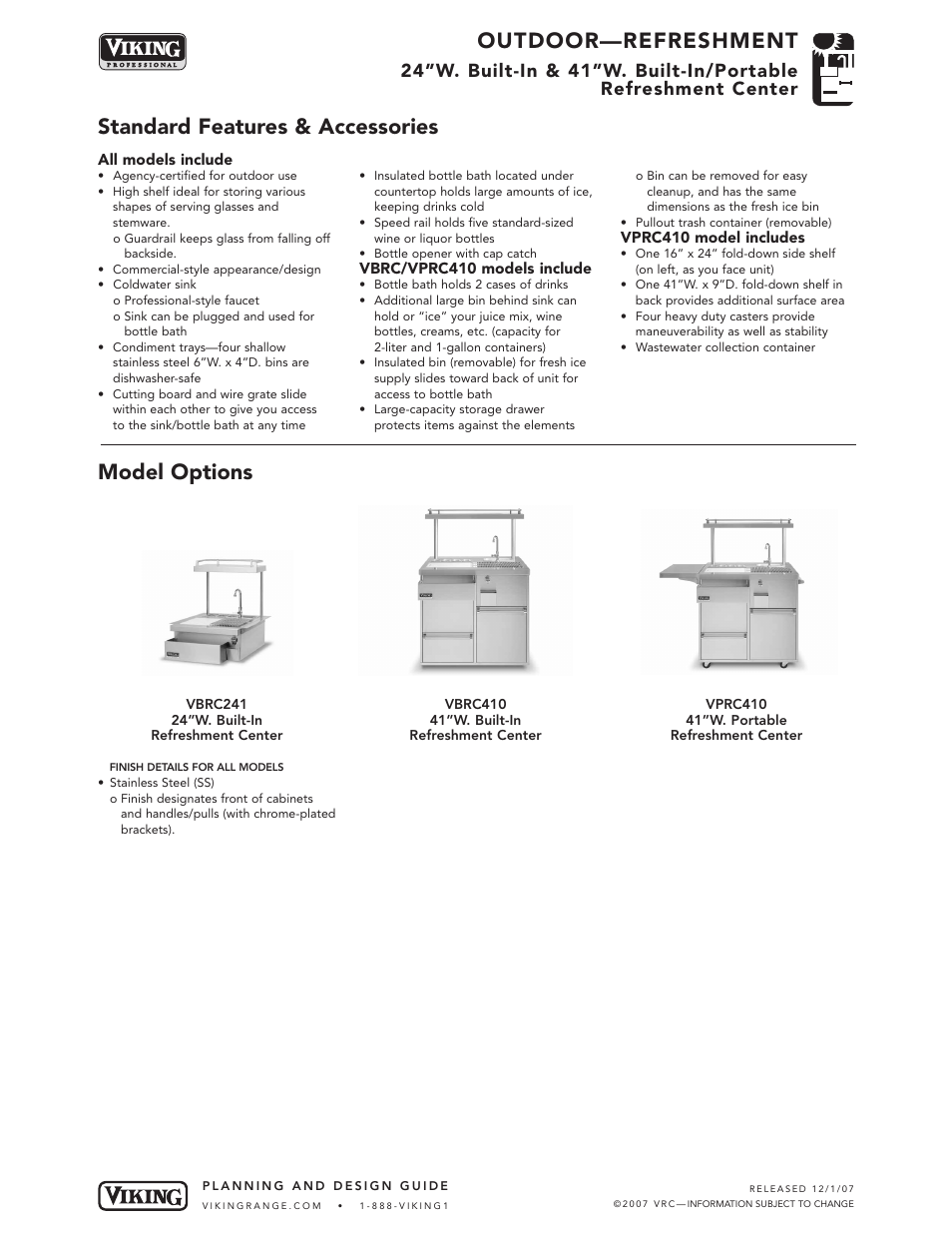 Outdoor—refreshment, Standard features & accessories model options | Viking OUTDOOR-COOKING VGBQ3002T1NSS User Manual | Page 95 / 125