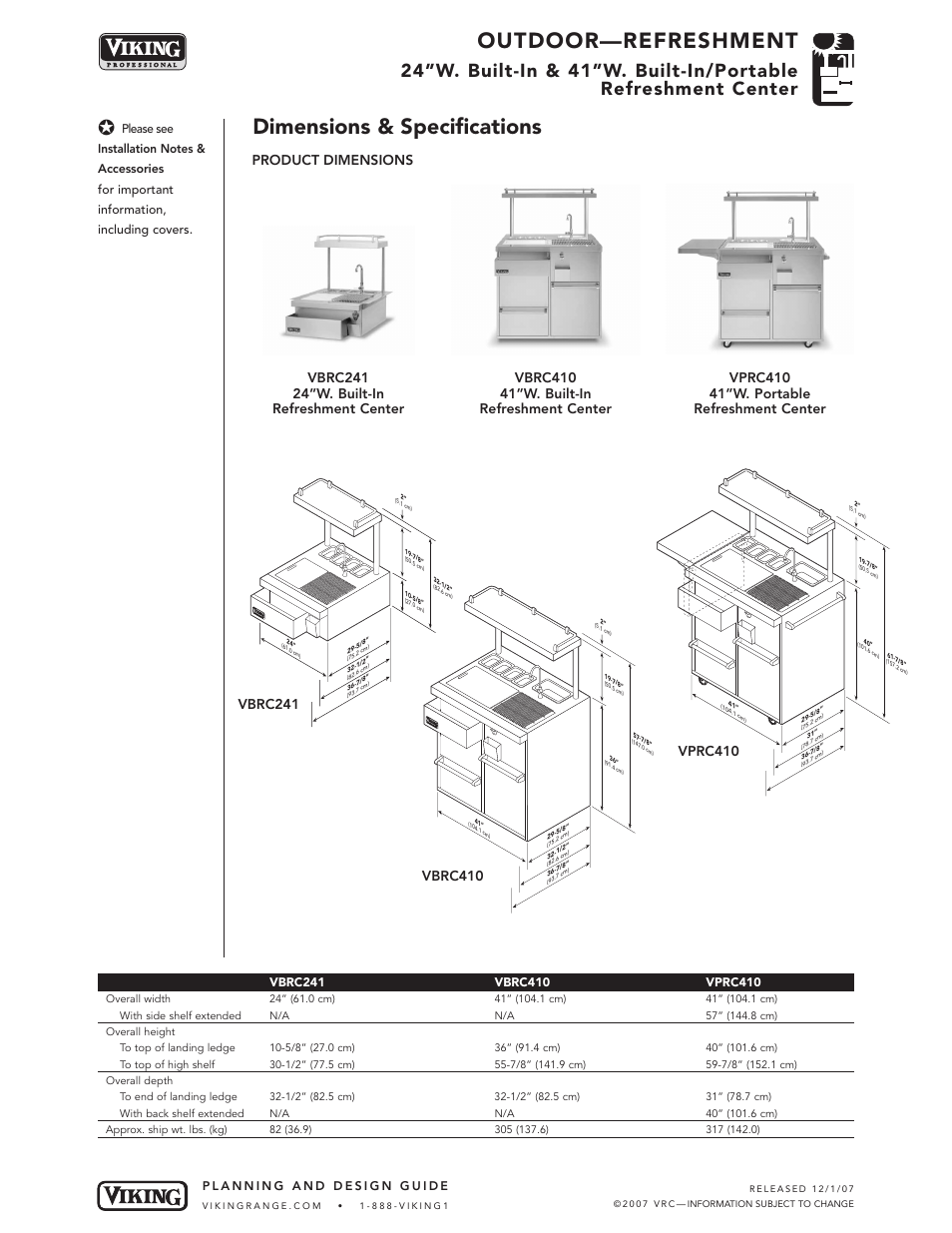 Outdoor—refreshment, Dimensions & specifications | Viking OUTDOOR-COOKING VGBQ3002T1NSS User Manual | Page 96 / 125