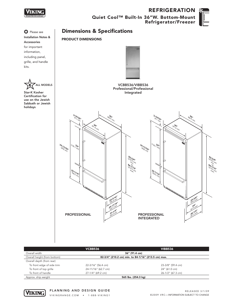 Refrigeration, Dimensions & specifications | Viking VCBB536 User Manual | Page 2 / 9