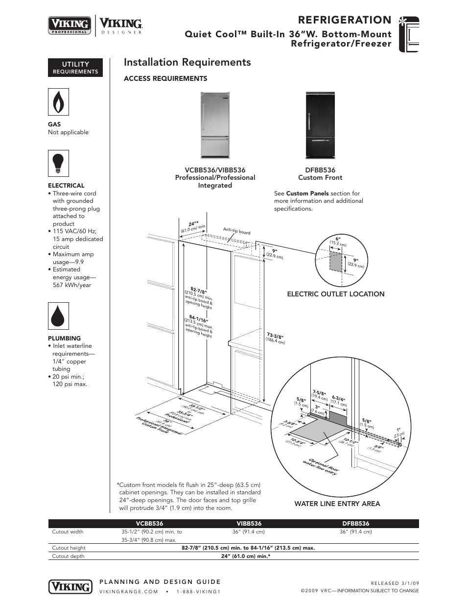 Refrigeration, Installation requirements, Utility | Access requirements, Electric outlet location water line entry area | Viking VCBB536 User Manual | Page 7 / 9