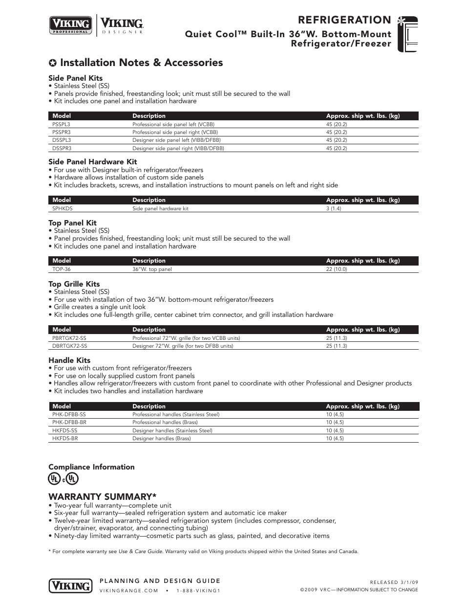 Refrigeration, Warranty summary | Viking VCBB536 User Manual | Page 9 / 9