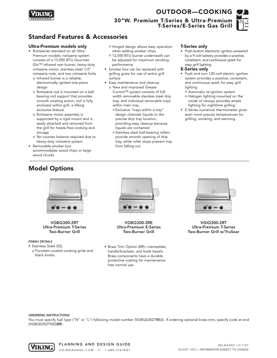 Outdoor—cooking, Standard features & accessories, Model options | Viking VGBQ300-2RE User Manual | Page 2 / 8