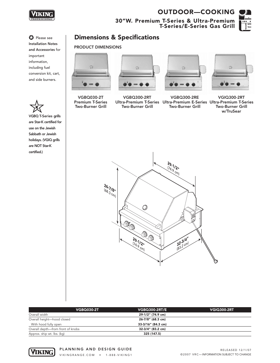 Outdoor—cooking, Dimensions & specifications | Viking VGBQ300-2RE User Manual | Page 3 / 8