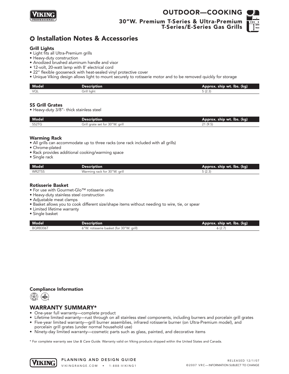 Outdoor—cooking, Warranty summary | Viking VGBQ300-2RE User Manual | Page 8 / 8