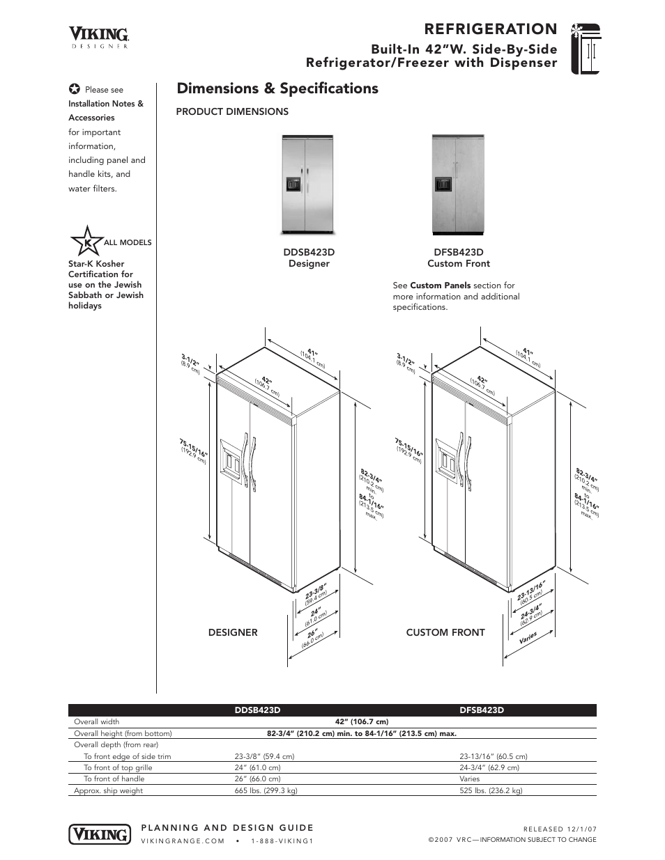 Refrigeration, Dimensions & specifications, Custom front | Designer, Product dimensions | Viking DFSB423D User Manual | Page 3 / 8