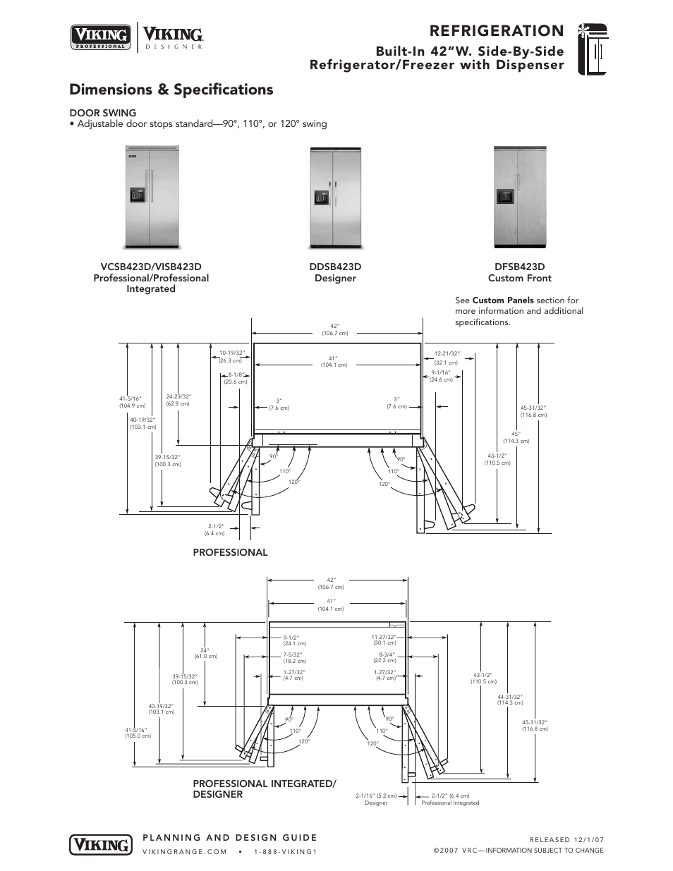 Refrigeration, Dimensions & specifications, Professional integrated/ designer | Professional | Viking DFSB423D User Manual | Page 4 / 8