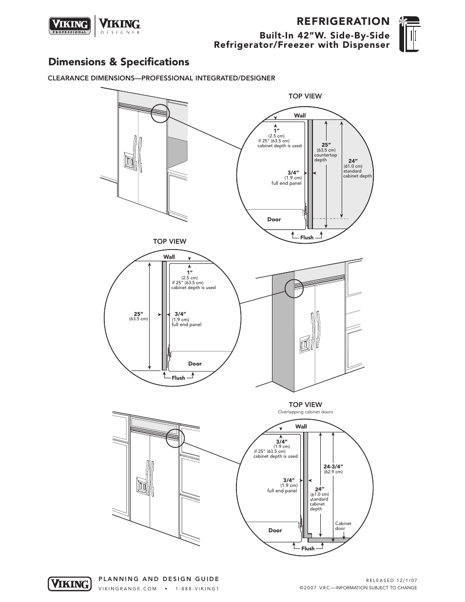 Refrigeration, Dimensions & specifications | Viking DFSB423D User Manual | Page 6 / 8