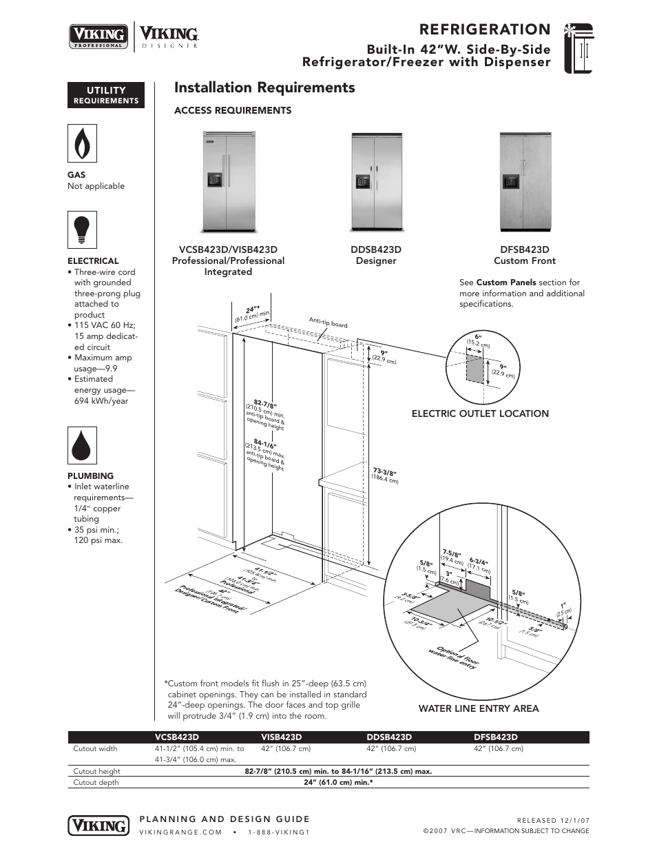 Refrigeration, Installation requirements, Utility | Access requirements, Electric outlet location water line entry area | Viking DFSB423D User Manual | Page 7 / 8