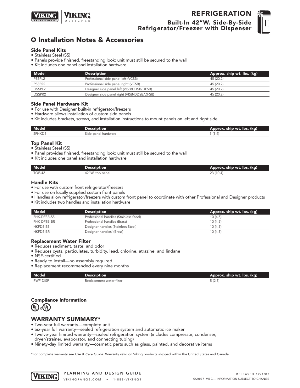 Refrigeration, Warranty summary | Viking DFSB423D User Manual | Page 8 / 8