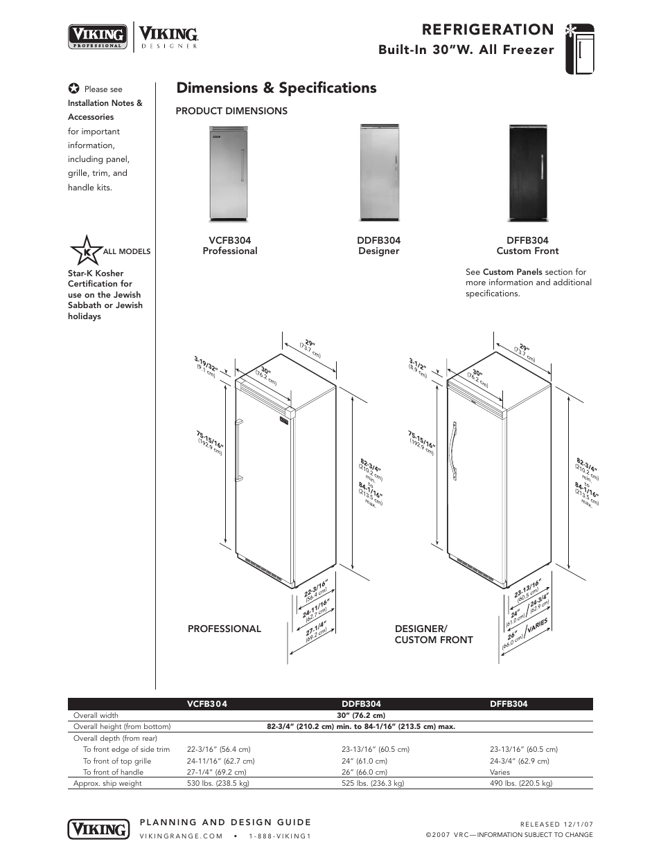 Refrigeration, Dimensions & specifications, Built-in 30”w. all freezer | Professional designer/ custom front, Product dimensions | Viking DFFB User Manual | Page 2 / 9